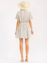 WOMEN'S SHORT SLEEVE BUTTON UP SELF TIE STITCH DETAILED MINI DRESS