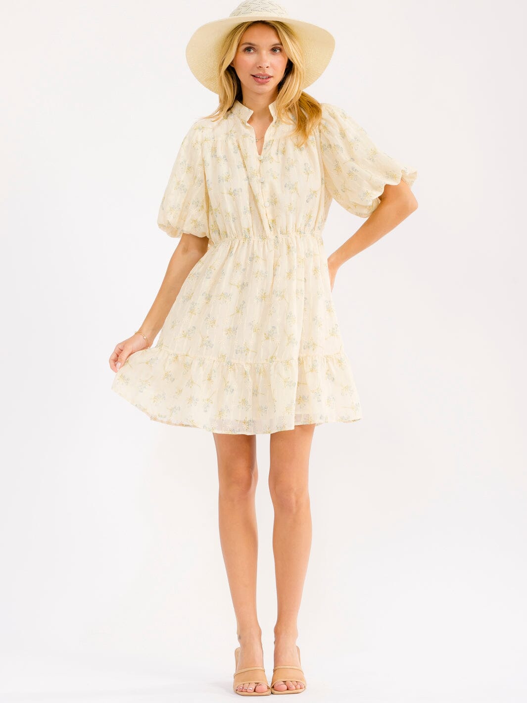 WOMEN'S SHORT PUFF SLEEVE BUTTON UP ELASTIC WAIST FLORAL MINI DRESS
