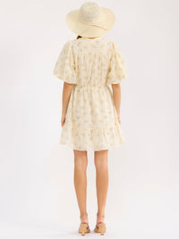 WOMEN'S SHORT PUFF SLEEVE BUTTON UP ELASTIC WAIST FLORAL MINI DRESS