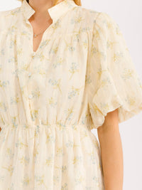 WOMEN'S SHORT PUFF SLEEVE BUTTON UP ELASTIC WAIST FLORAL MINI DRESS