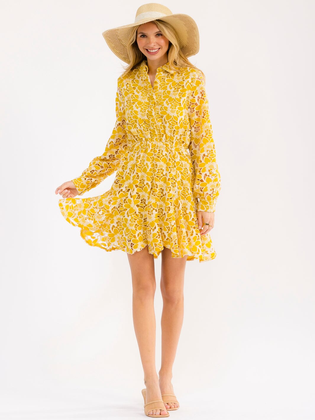 WOMEN'S LONG SLEEVE BUTTON UP ELASTIC WAIST EMBROIDERY MINI DRESS