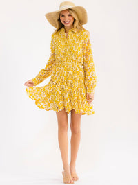 WOMEN'S LONG SLEEVE BUTTON UP ELASTIC WAIST EMBROIDERY MINI DRESS