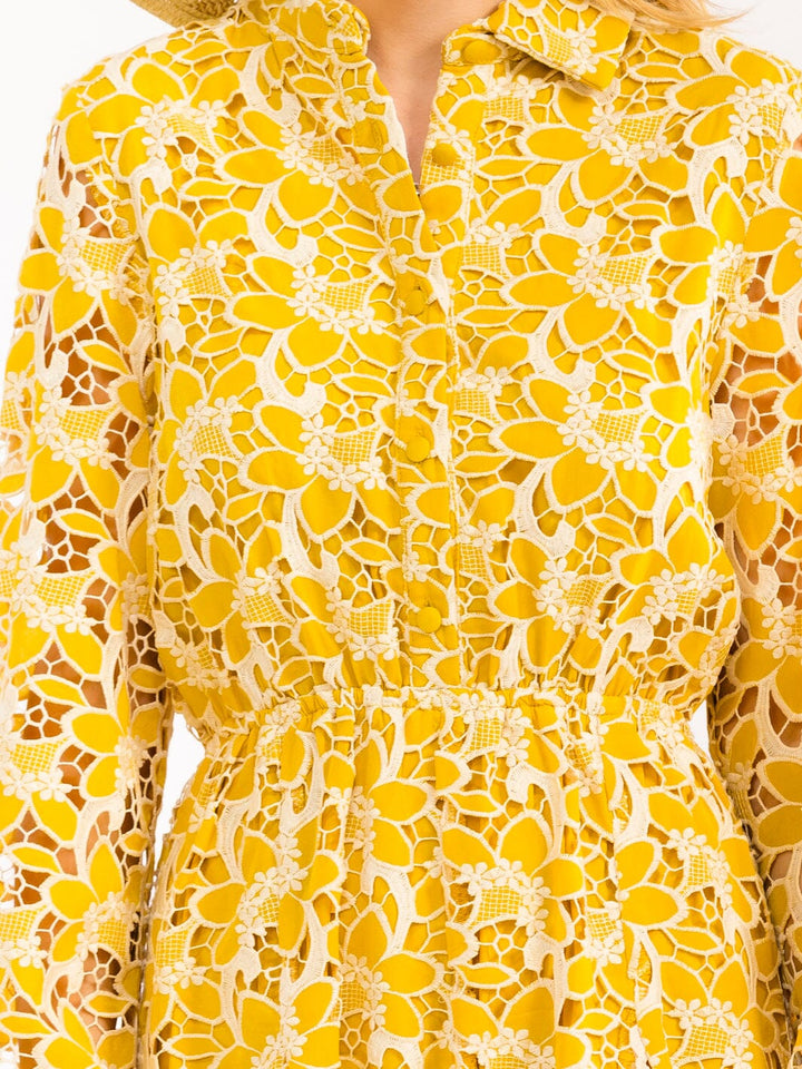 WOMEN'S LONG SLEEVE BUTTON UP ELASTIC WAIST EMBROIDERY MINI DRESS