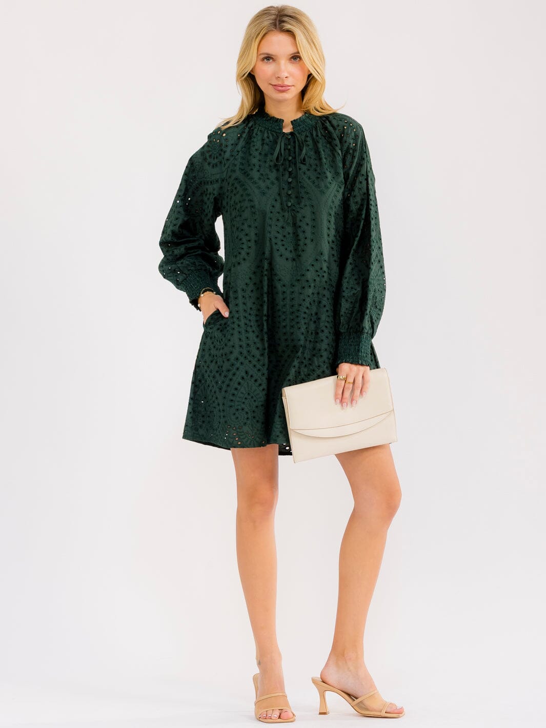 WOMEN'S LONG SLEEVE BUTTON UP FRONT POCKETS EYELET MINI DRESS