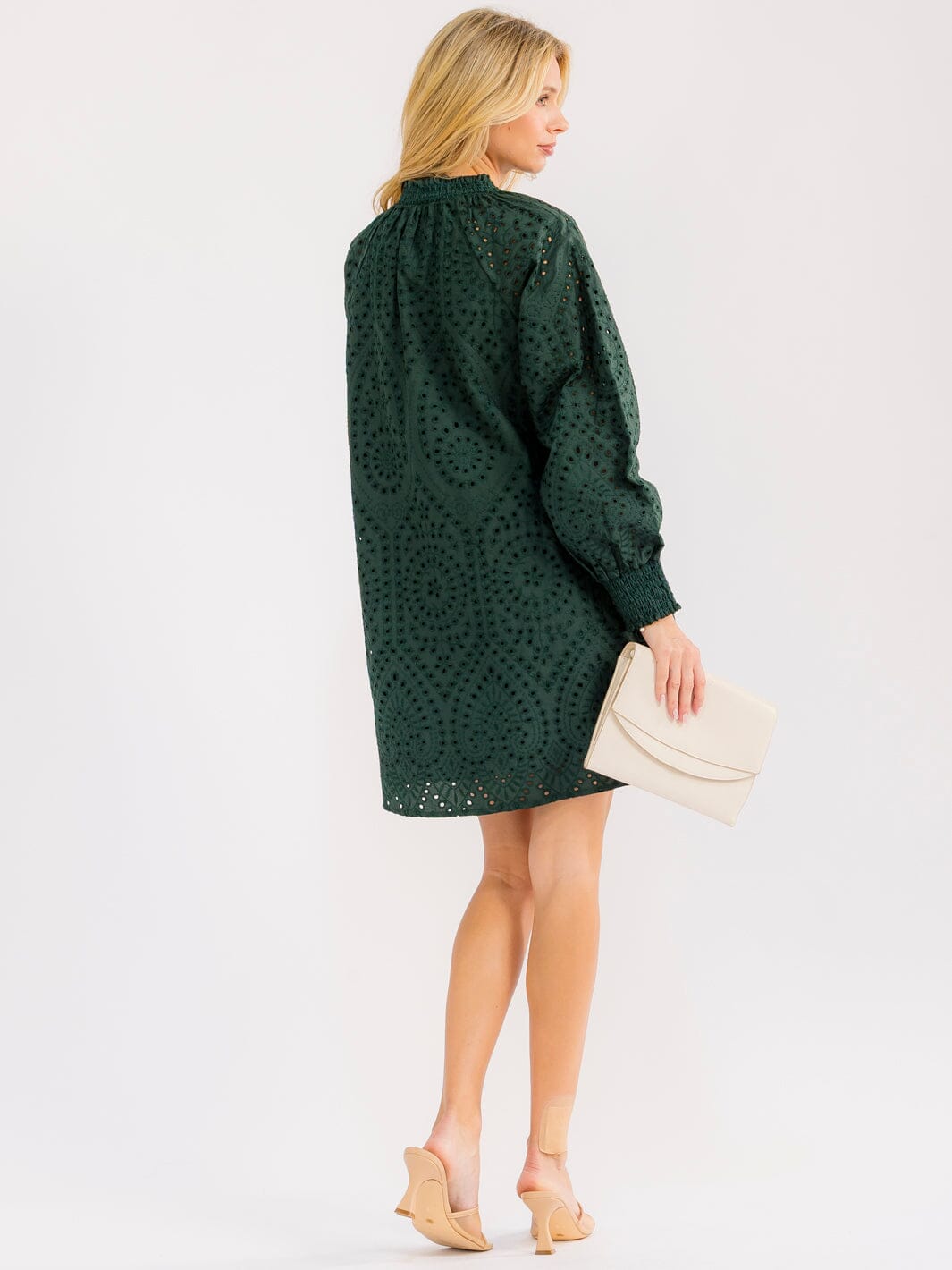 WOMEN'S LONG SLEEVE BUTTON UP FRONT POCKETS EYELET MINI DRESS