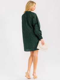 WOMEN'S LONG SLEEVE BUTTON UP FRONT POCKETS EYELET MINI DRESS