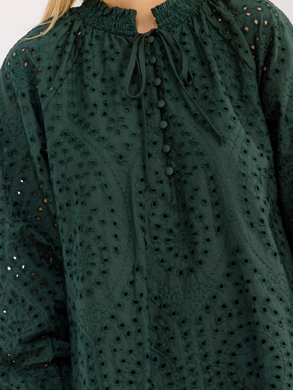 WOMEN'S LONG SLEEVE BUTTON UP FRONT POCKETS EYELET MINI DRESS
