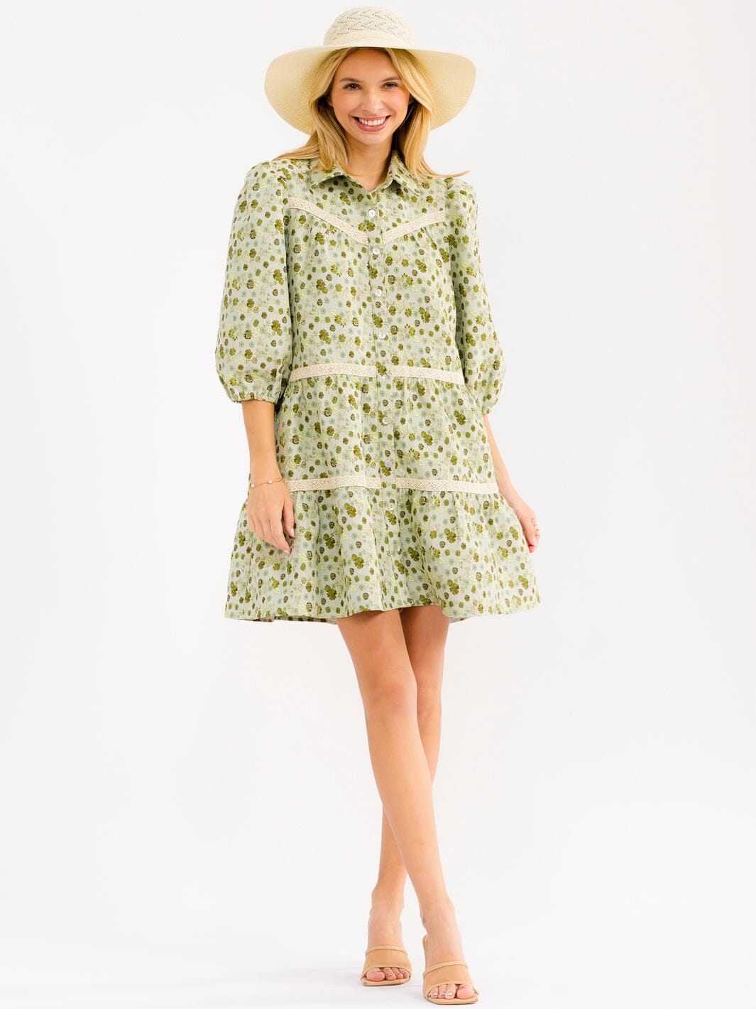 WOMEN'S 3/4 SLEEVE BUTTON UP FRONT POCKETS EMBROIDERY FLORAL MINI DRESS