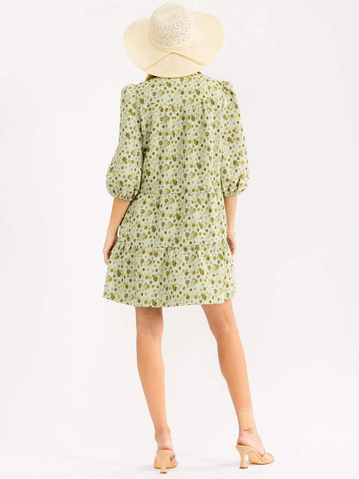 WOMEN'S 3/4 SLEEVE BUTTON UP FRONT POCKETS EMBROIDERY FLORAL MINI DRESS