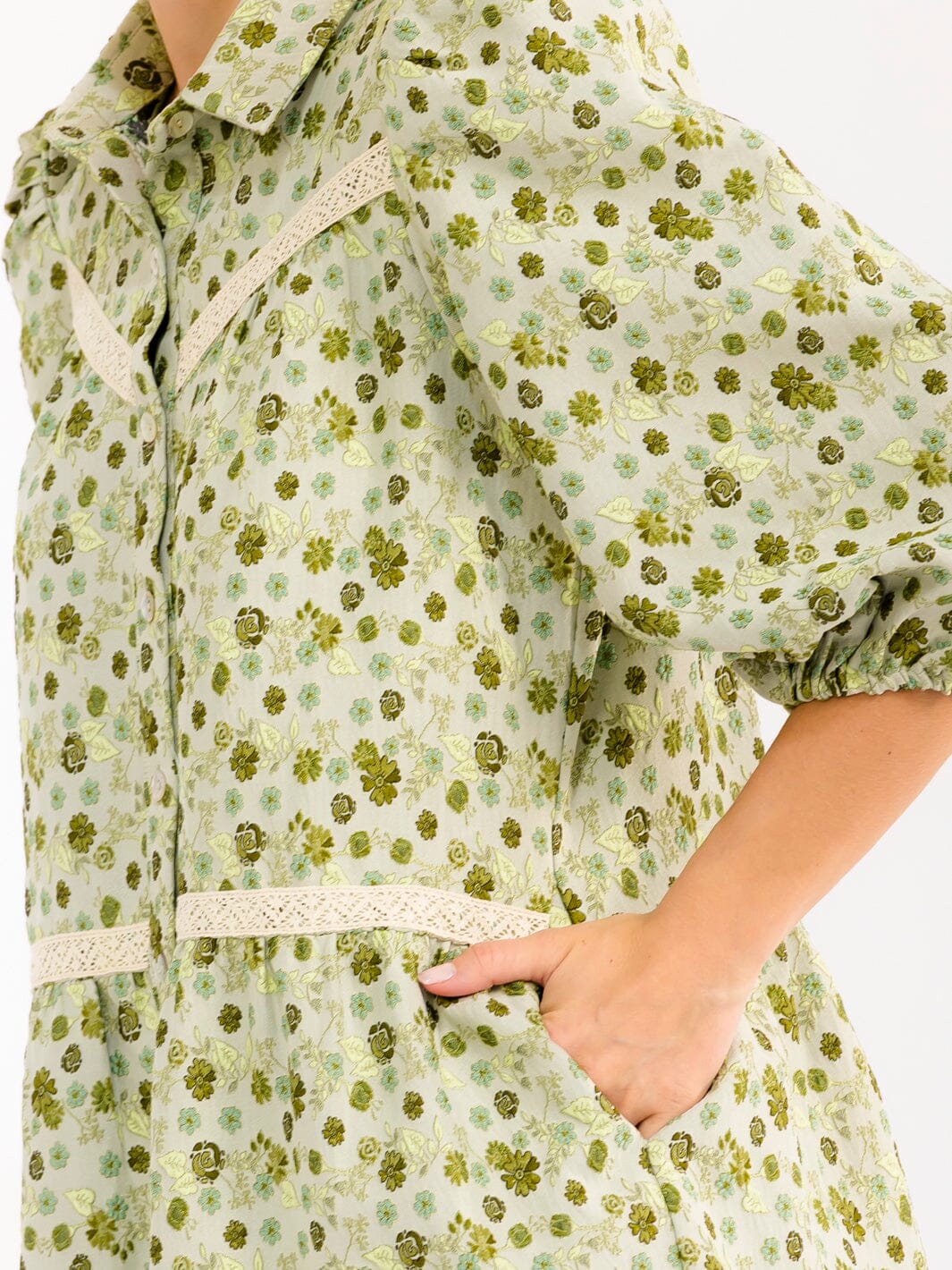 WOMEN'S 3/4 SLEEVE BUTTON UP FRONT POCKETS EMBROIDERY FLORAL MINI DRESS