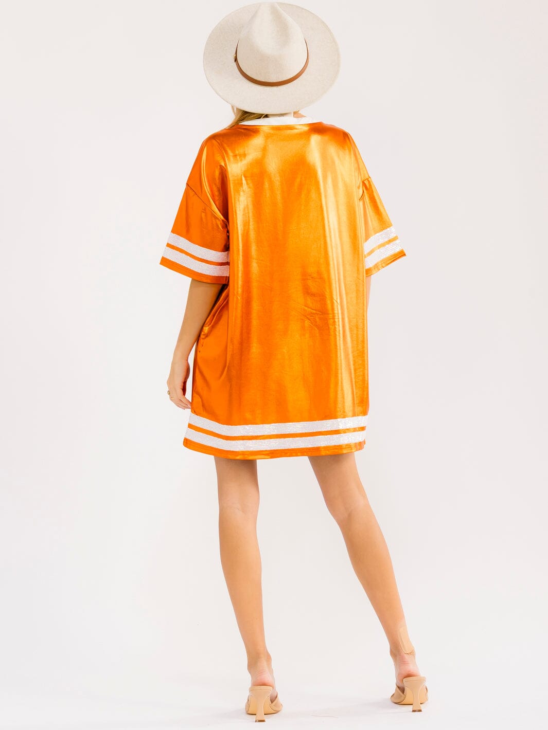 WOMEN'S SHORT SLEEVE V-NECK SEQUINS FOOTBALL LOOSE FIT METALLIC MINI DRESS