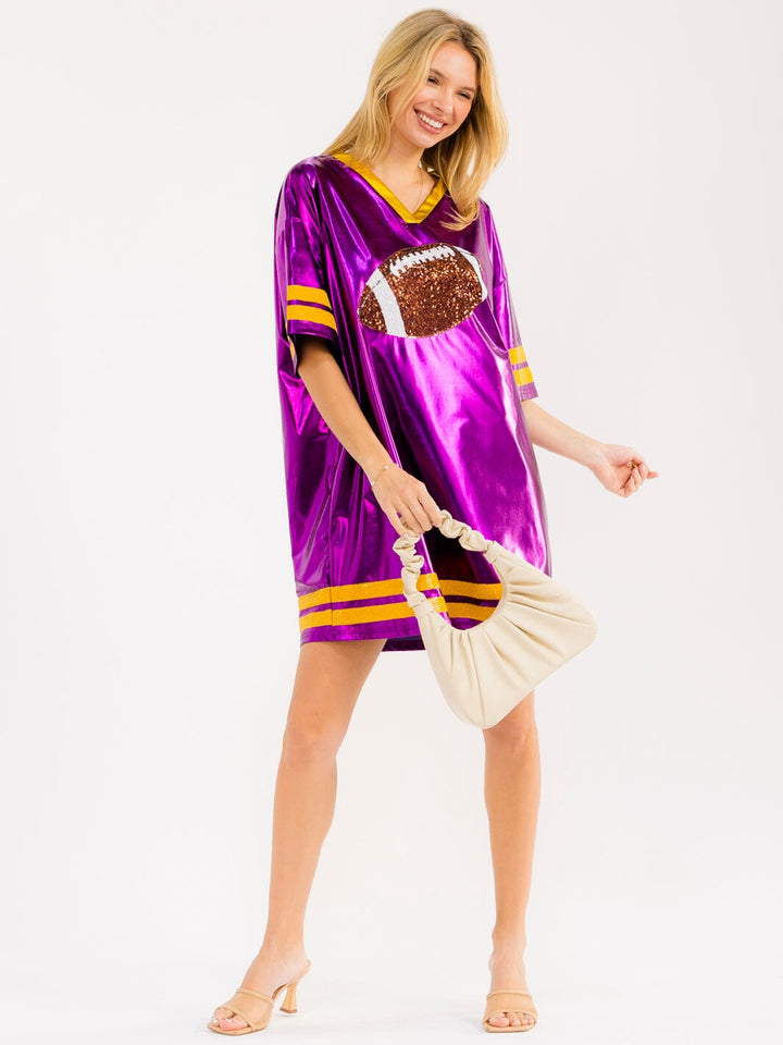 WOMEN'S SHORT SLEEVE V-NECK SEQUINS FOOTBALL LOOSE FIT METALLIC MINI DRESS