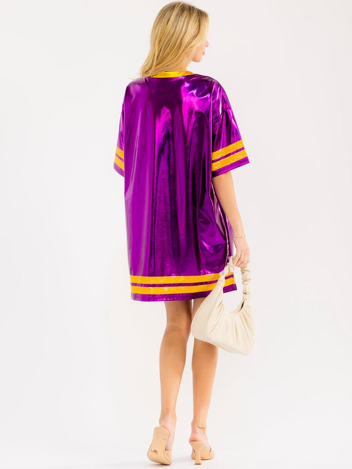 WOMEN'S SHORT SLEEVE V-NECK SEQUINS FOOTBALL LOOSE FIT METALLIC MINI DRESS