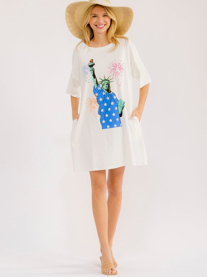 WOMEN'S SHORT SLEEVE FRONT POCKETS LOOSE FIT GRAPHIC MINI DRESS