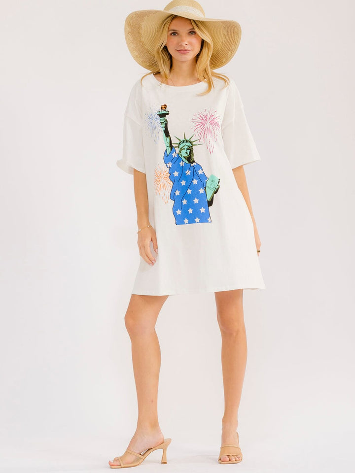 WOMEN'S SHORT SLEEVE FRONT POCKETS LOOSE FIT GRAPHIC MINI DRESS