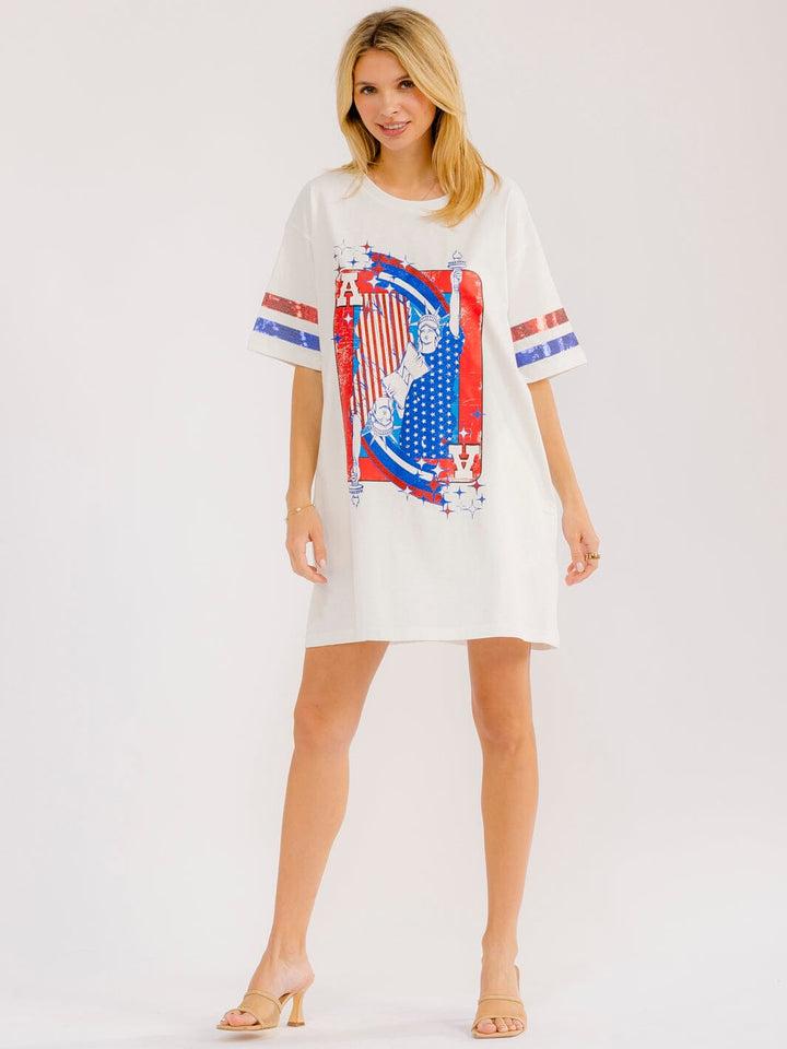 WOMEN'S SHORT SLEEVE FRONT POCKETS LOOSE FIT GRAPHIC SEQUINS MINI DRESS