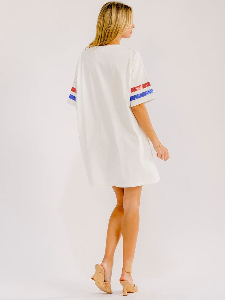 WOMEN'S SHORT SLEEVE FRONT POCKETS LOOSE FIT GRAPHIC SEQUINS MINI DRESS