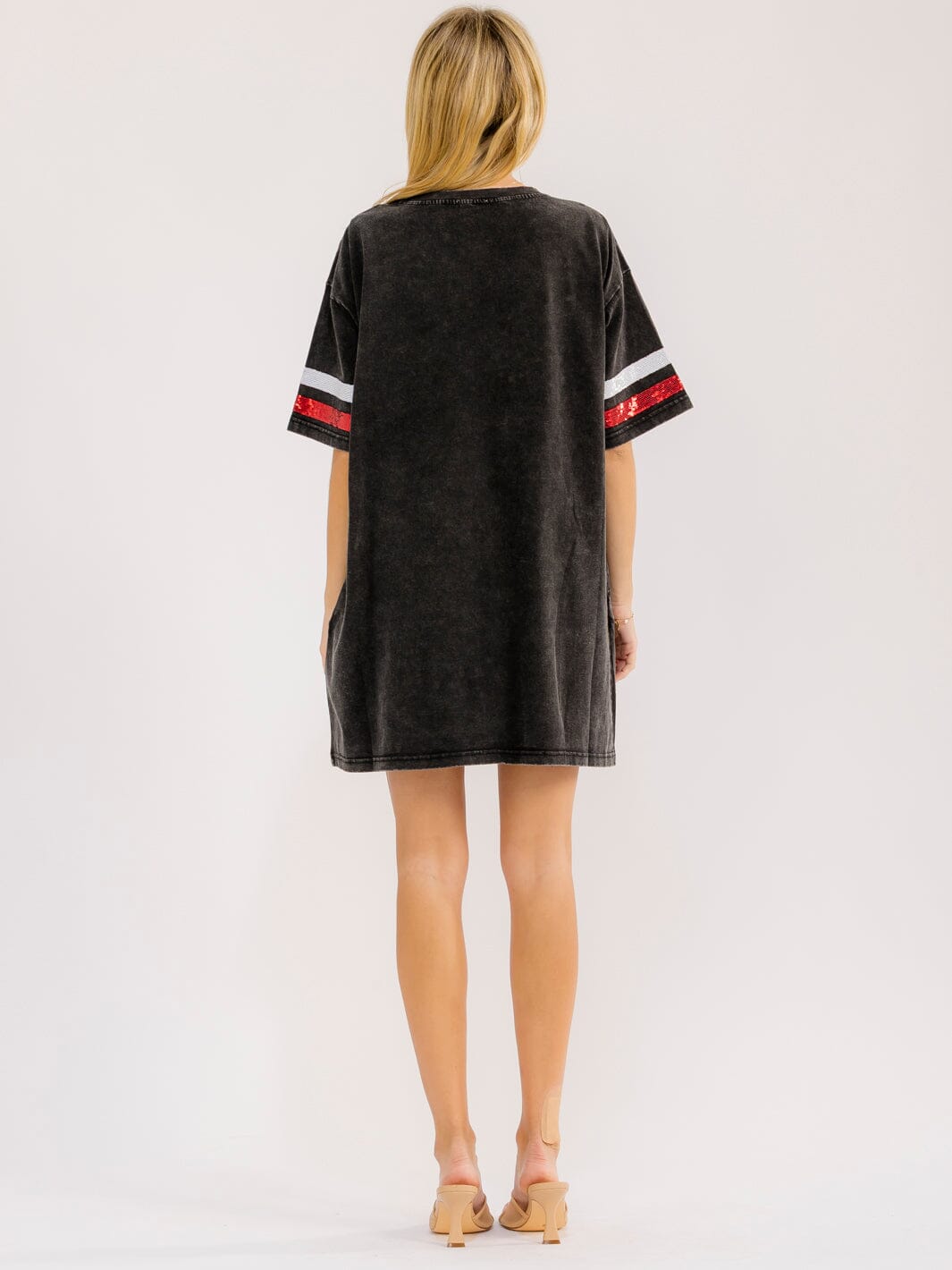 WOMEN'S SHORT SLEEVE FRONT POCKETS LOOSE FIT GRAPHIC WASHED MINI DRESS