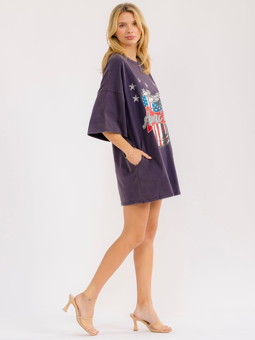 WOMEN'S SHORT SLEEVE FRONT POCKETS LOOSE FIT GRAPHIC MINI DRESS