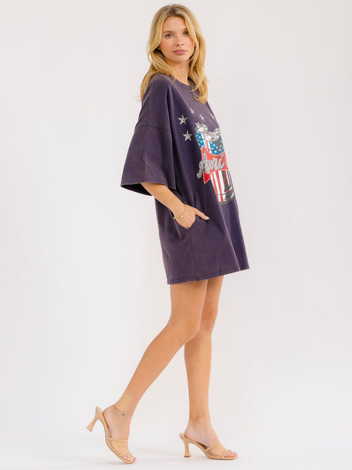 WOMEN'S SHORT SLEEVE FRONT POCKETS LOOSE FIT GRAPHIC MINI DRESS