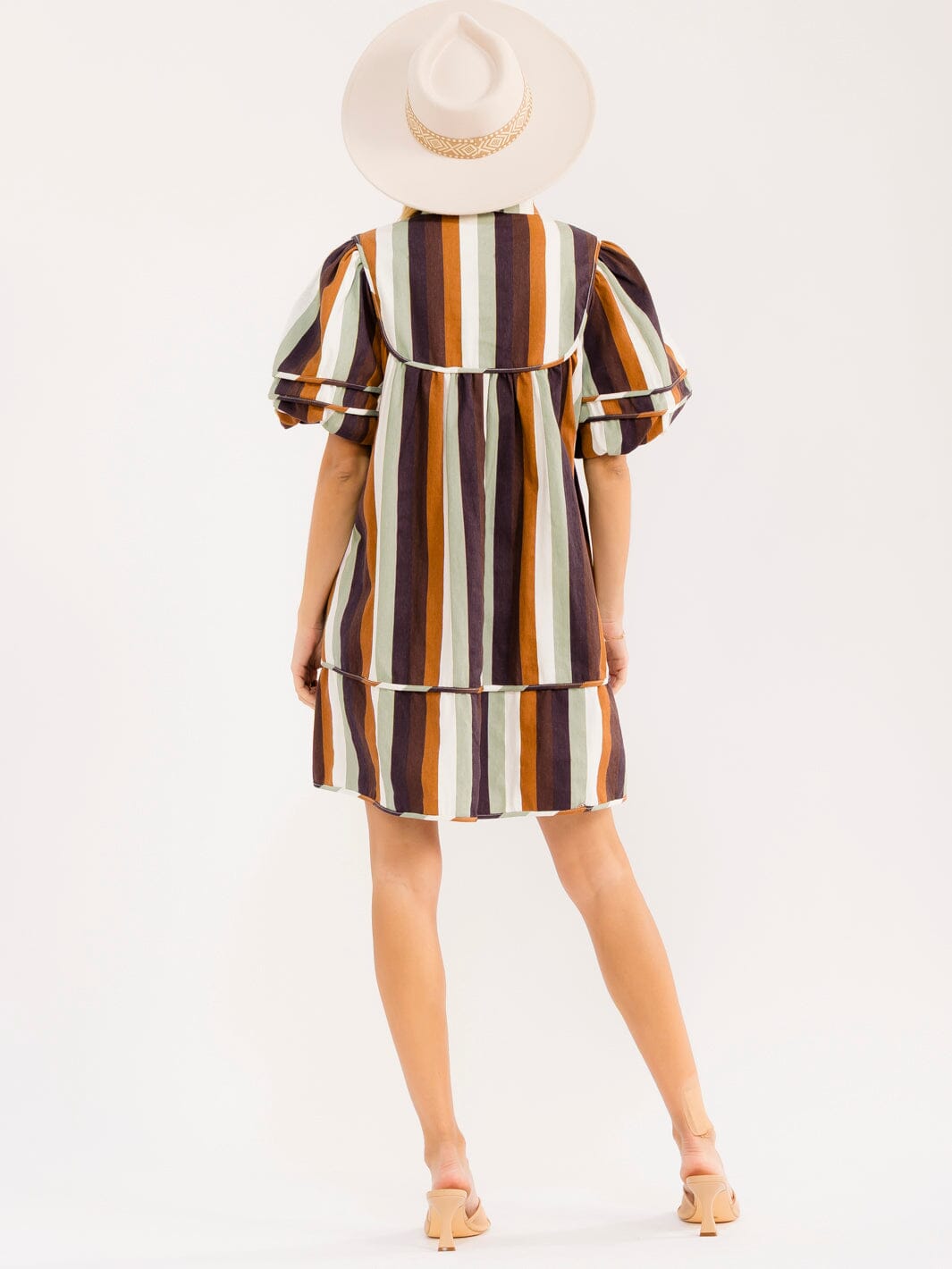 WOMEN'S SHORT PUFF SLEEVE V-NECK FRONT POCKETS COLORBLOCK STRIPES DENIM MINI DRESS