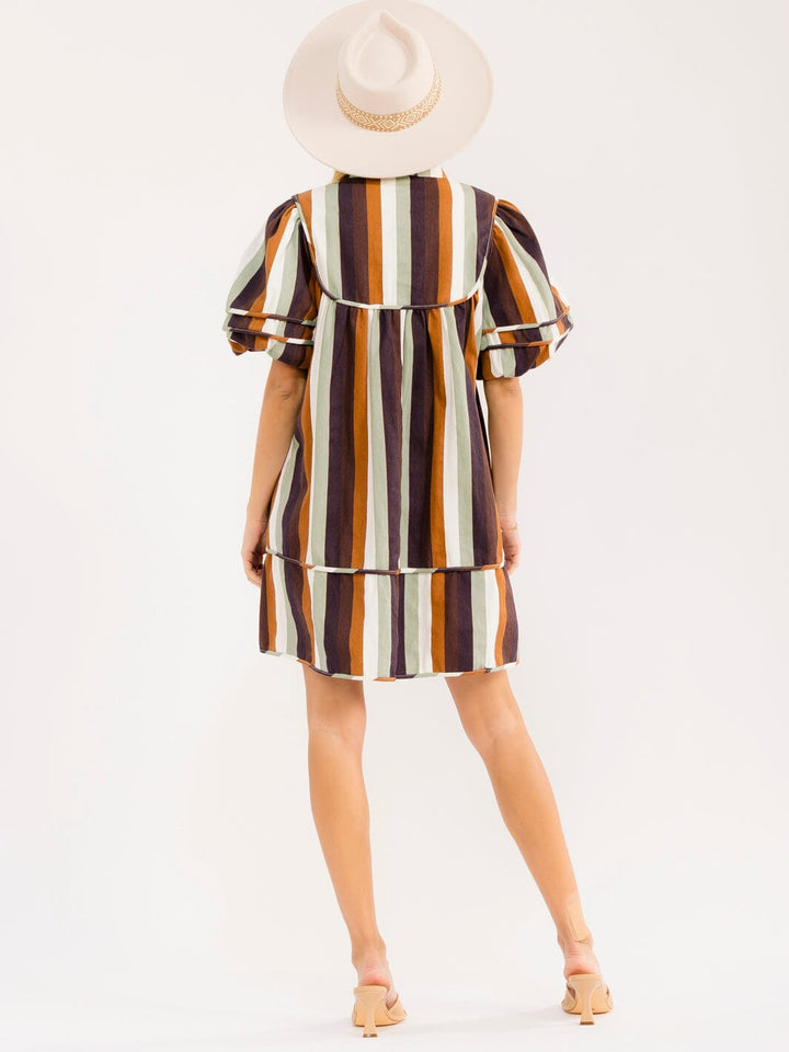 WOMEN'S SHORT PUFF SLEEVE V-NECK FRONT POCKETS COLORBLOCK STRIPES DENIM MINI DRESS