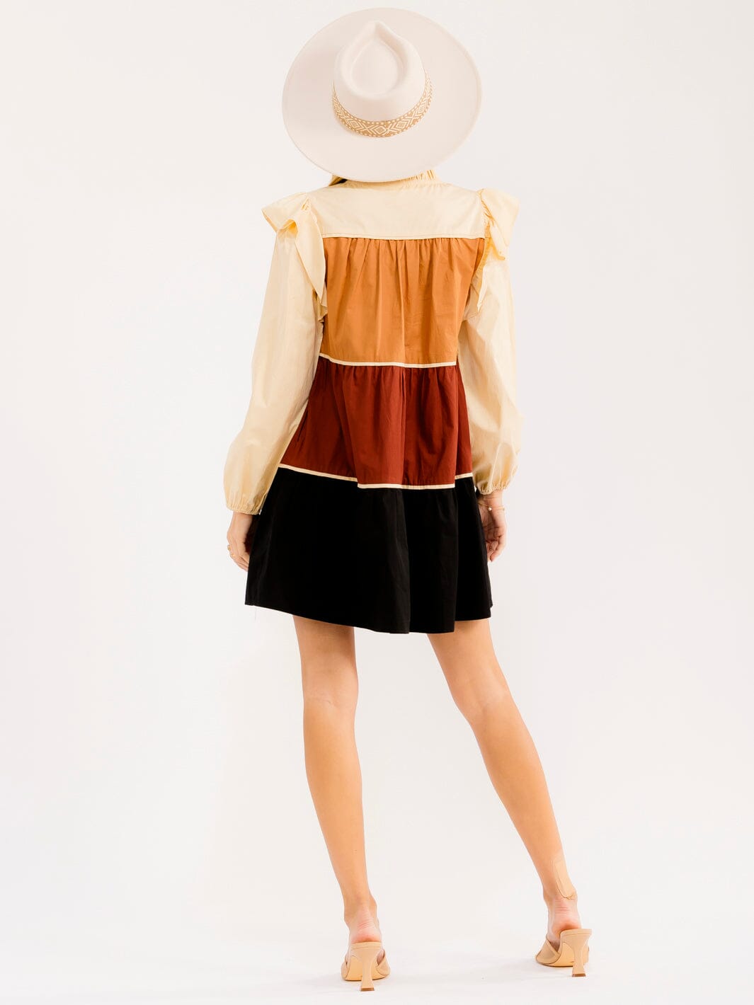 WOMEN'S LONG SLEEVE V-NECK FRONT POCKETS COLORBLOCK TIERED MINI DRESS