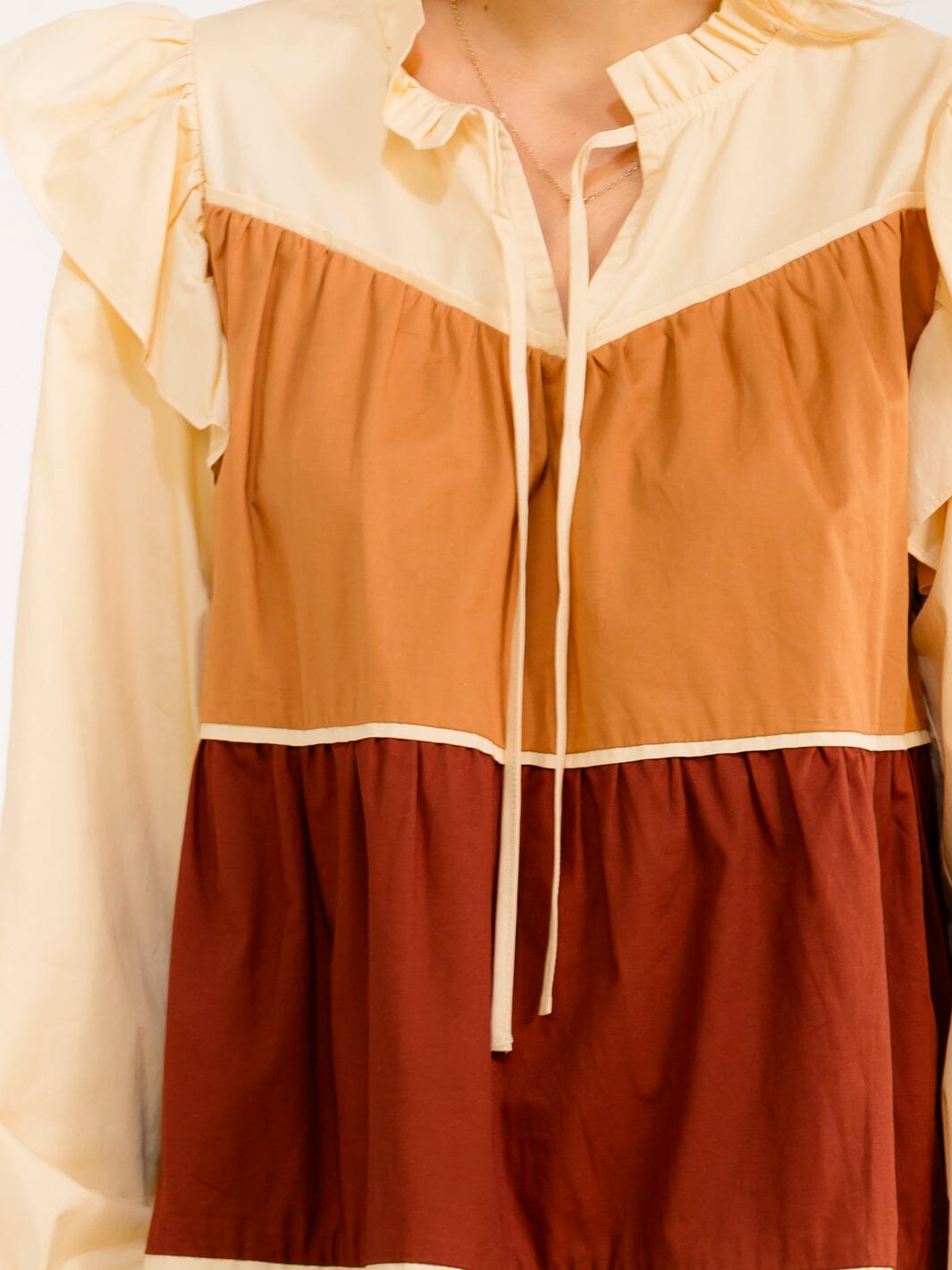 WOMEN'S LONG SLEEVE V-NECK FRONT POCKETS COLORBLOCK TIERED MINI DRESS