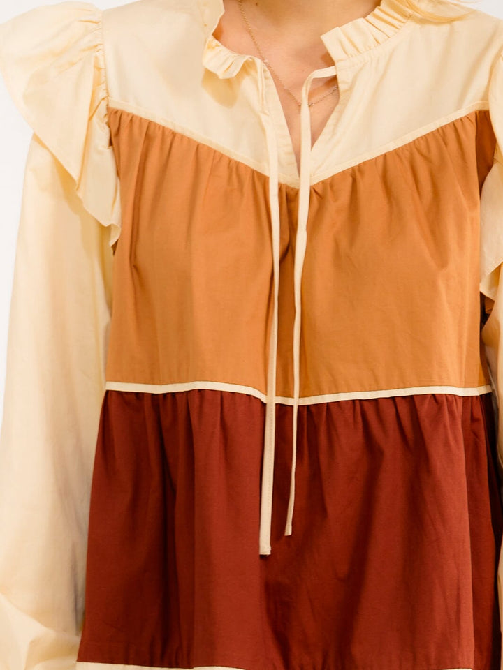 WOMEN'S LONG SLEEVE V-NECK FRONT POCKETS COLORBLOCK TIERED MINI DRESS