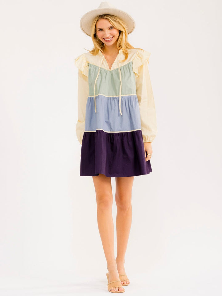 WOMEN'S LONG SLEEVE V-NECK FRONT POCKETS COLORBLOCK TIERED MINI DRESS