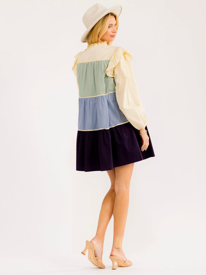 WOMEN'S LONG SLEEVE V-NECK FRONT POCKETS COLORBLOCK TIERED MINI DRESS