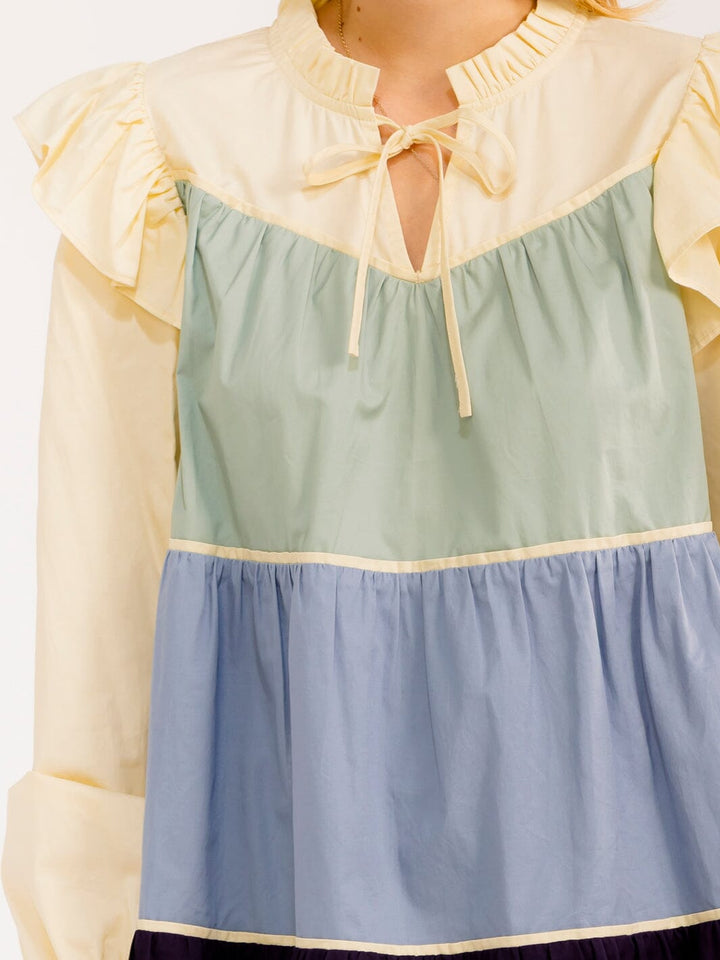 WOMEN'S LONG SLEEVE V-NECK FRONT POCKETS COLORBLOCK TIERED MINI DRESS