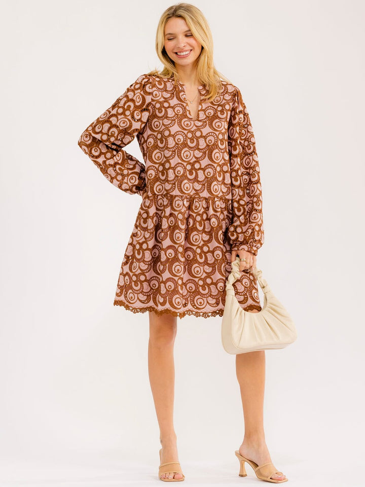 WOMEN'S LONG SLEEVE V-NECK CROCHET MINI DRESS