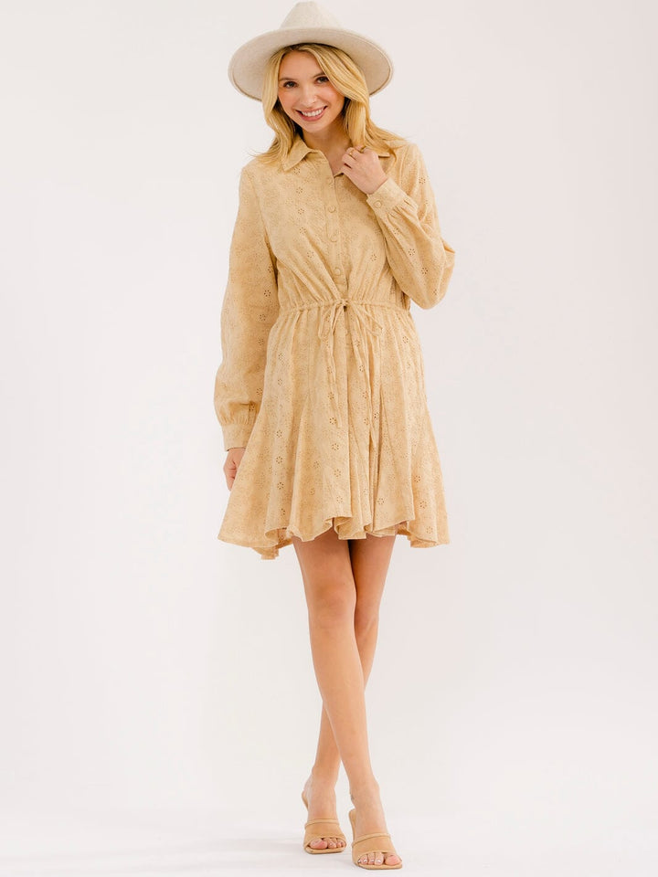 WOMEN'S LONG SLEEVE BUTTON UP EYELET MINI DRESS