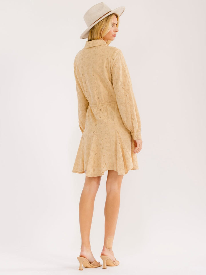 WOMEN'S LONG SLEEVE BUTTON UP EYELET MINI DRESS