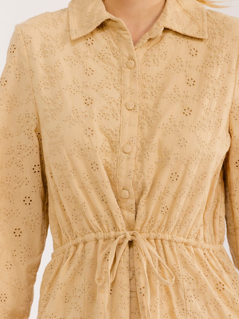 WOMEN'S LONG SLEEVE BUTTON UP EYELET MINI DRESS