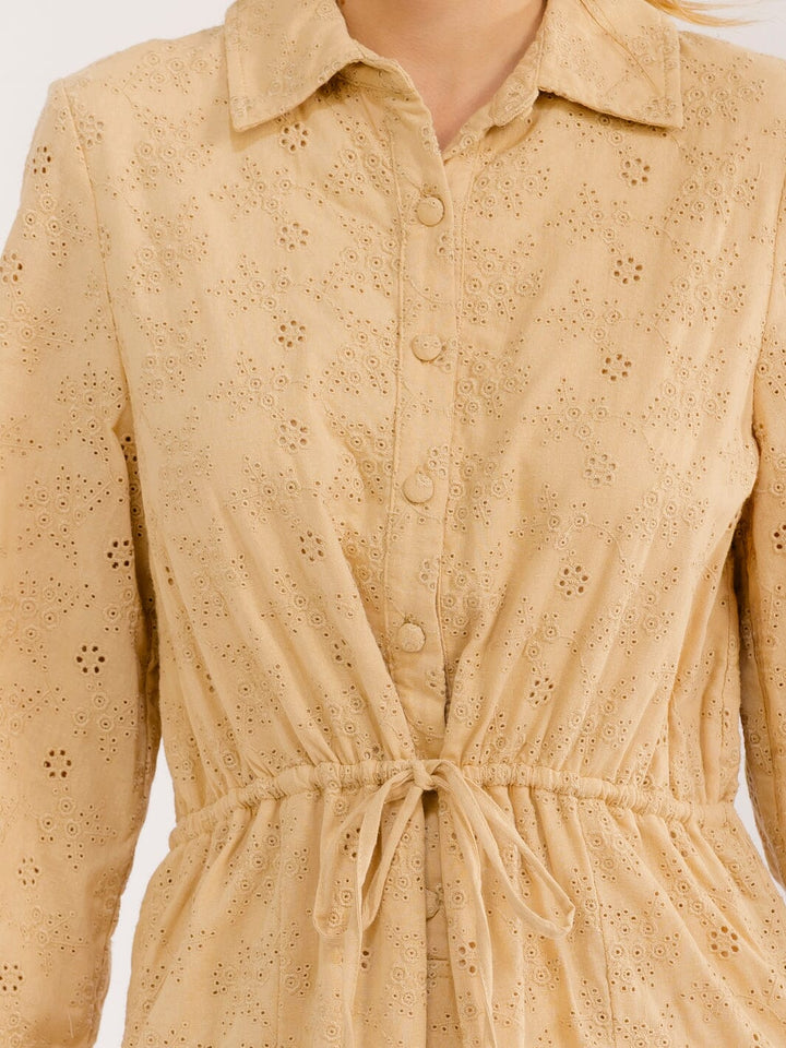 WOMEN'S LONG SLEEVE BUTTON UP EYELET MINI DRESS