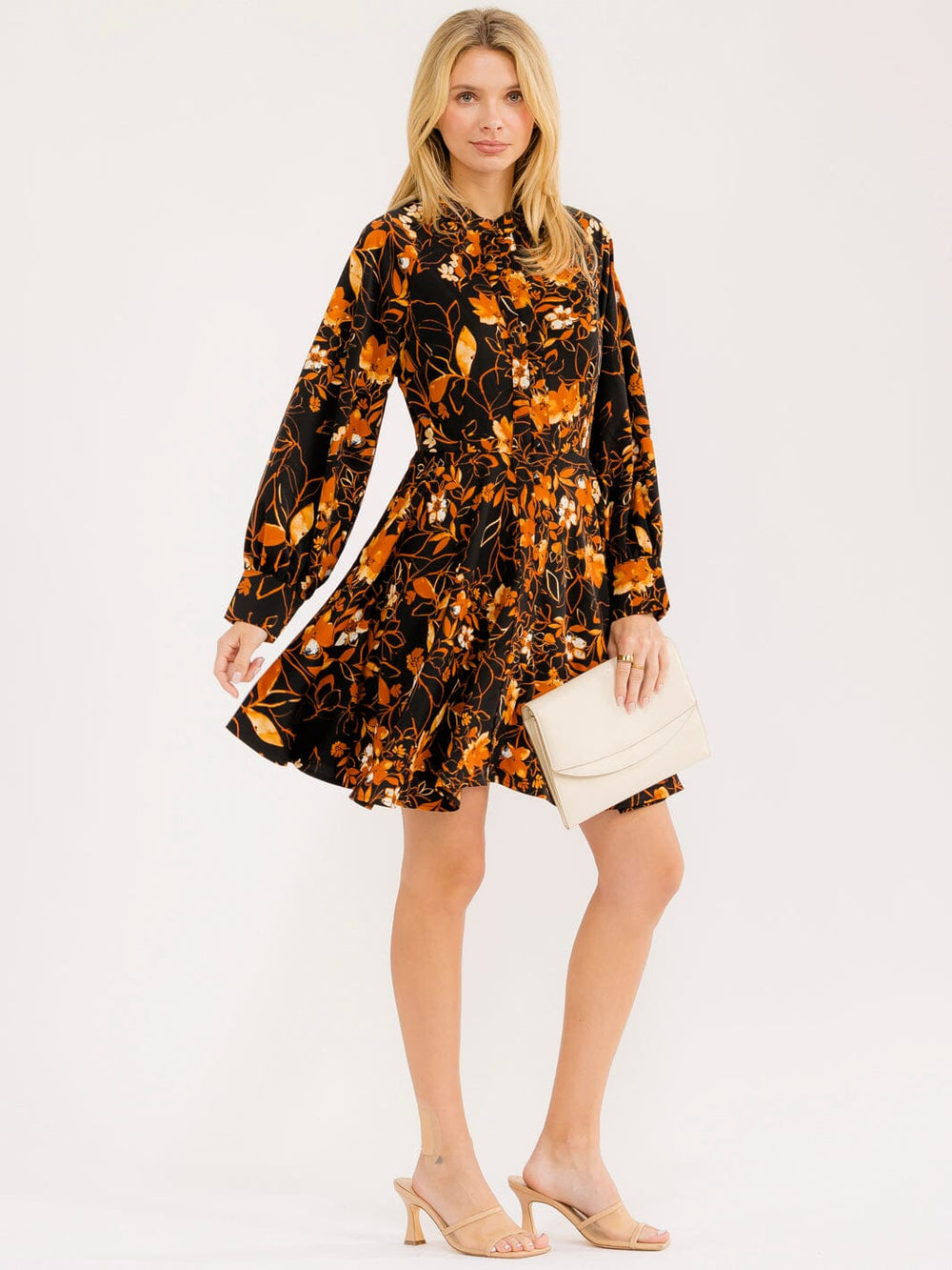 WOMEN'S LONG SLEEVE BUTTON UP FLORAL PRINT MINI DRESS