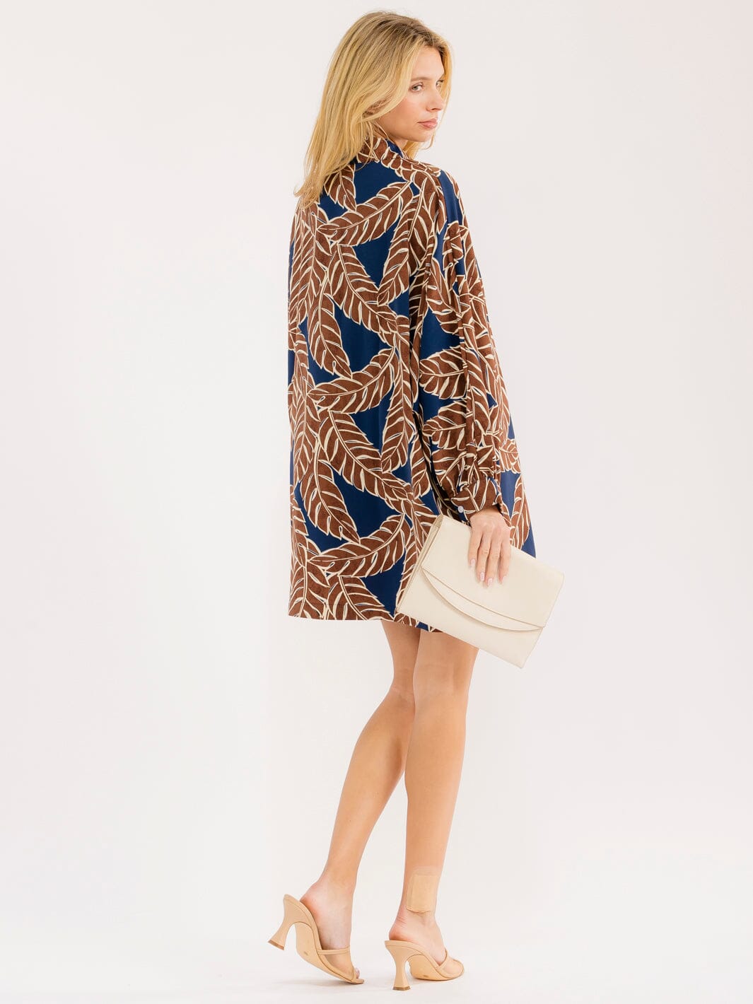 WOMEN'S LONG SLEEVE BUTTON UP FRONT POCKETS LOOSE FIT LEAF PRINT MINI DRESS