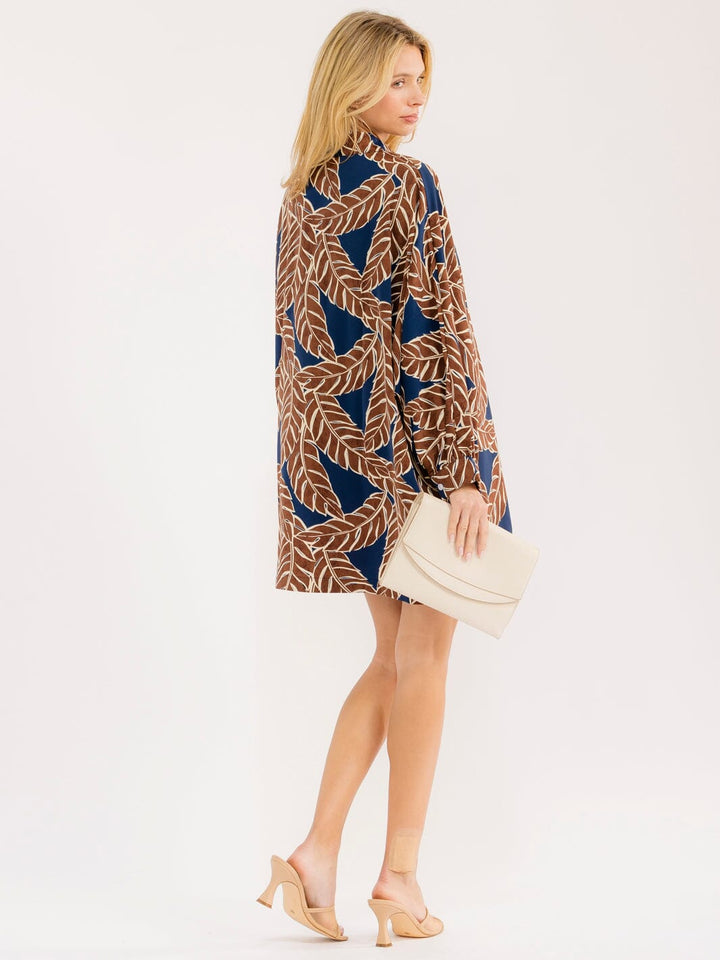 WOMEN'S LONG SLEEVE BUTTON UP FRONT POCKETS LOOSE FIT LEAF PRINT MINI DRESS