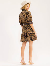 WOMEN'S SHORT PUFF SLEEVE BUTTON UP FRONT POCKETS SELF TIE ANIMAL PRINT MINI DRESS