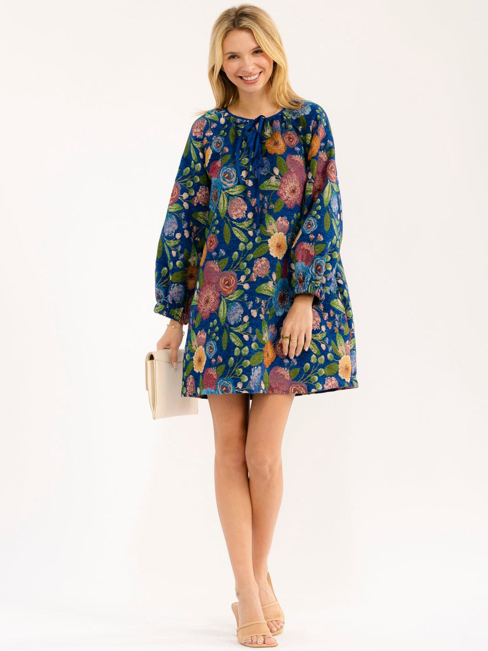 WOMEN'S LONG SLEEVE FRONT POCKETS STITCH FLORAL MINI DRESS