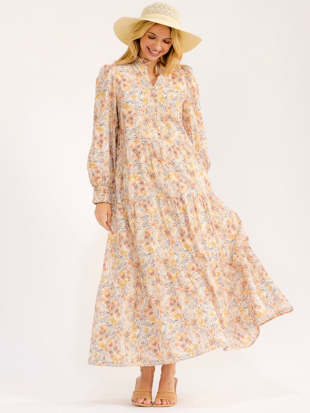 WOMEN'S LONG SLEEVE V-NECK BUTTON UP TIERED FLORAL MAXI DRESS