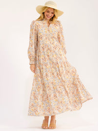 WOMEN'S LONG SLEEVE V-NECK BUTTON UP TIERED FLORAL MAXI DRESS