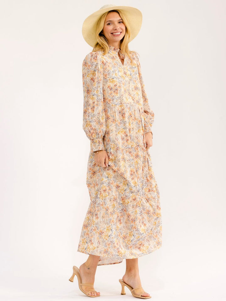 WOMEN'S LONG SLEEVE V-NECK BUTTON UP TIERED FLORAL MAXI DRESS