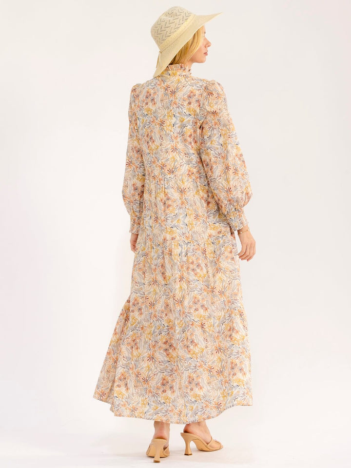 WOMEN'S LONG SLEEVE V-NECK BUTTON UP TIERED FLORAL MAXI DRESS