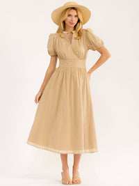 WOMEN'S SHORT PUFF SLEEVE V-NECK FIT & FLARE MAXI DRESS