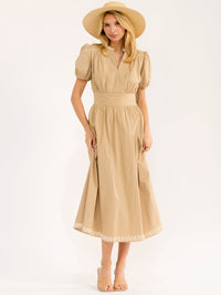 WOMEN'S SHORT PUFF SLEEVE V-NECK FIT & FLARE MAXI DRESS