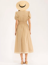 WOMEN'S SHORT PUFF SLEEVE V-NECK FIT & FLARE MAXI DRESS
