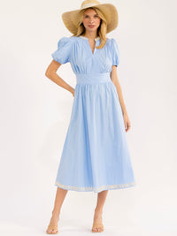 WOMEN'S SHORT PUFF SLEEVE V-NECK FIT & FLARE MAXI DRESS